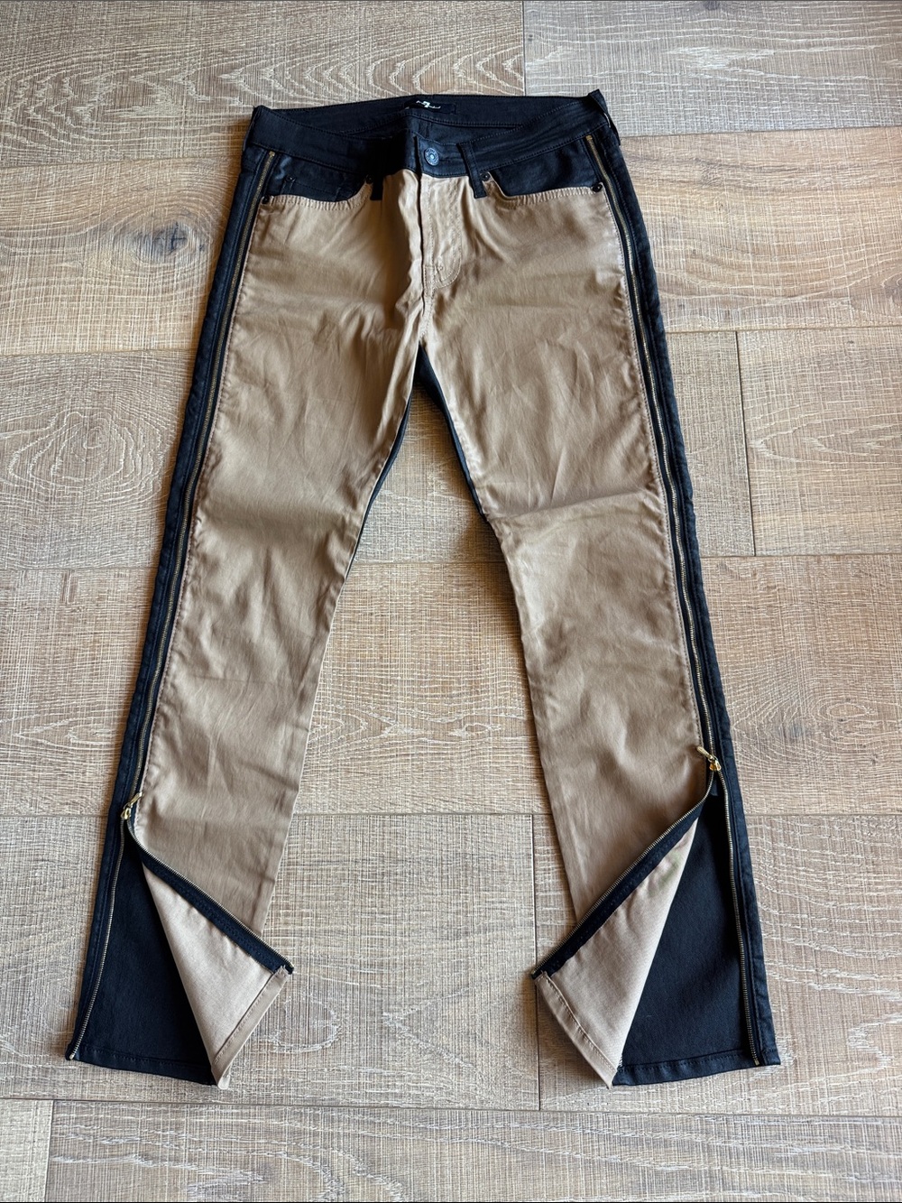 7 For All Mankind Two-Tone Ankle Zip Crop Jeans in Tan and Black